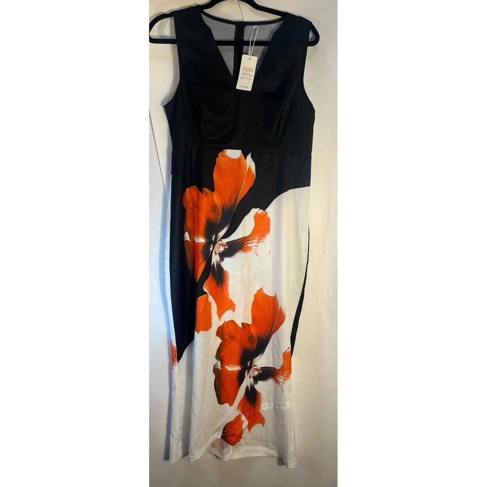 Woman's Sleeveless V-Neck Dress Floral Orange‎ Black White Size Large